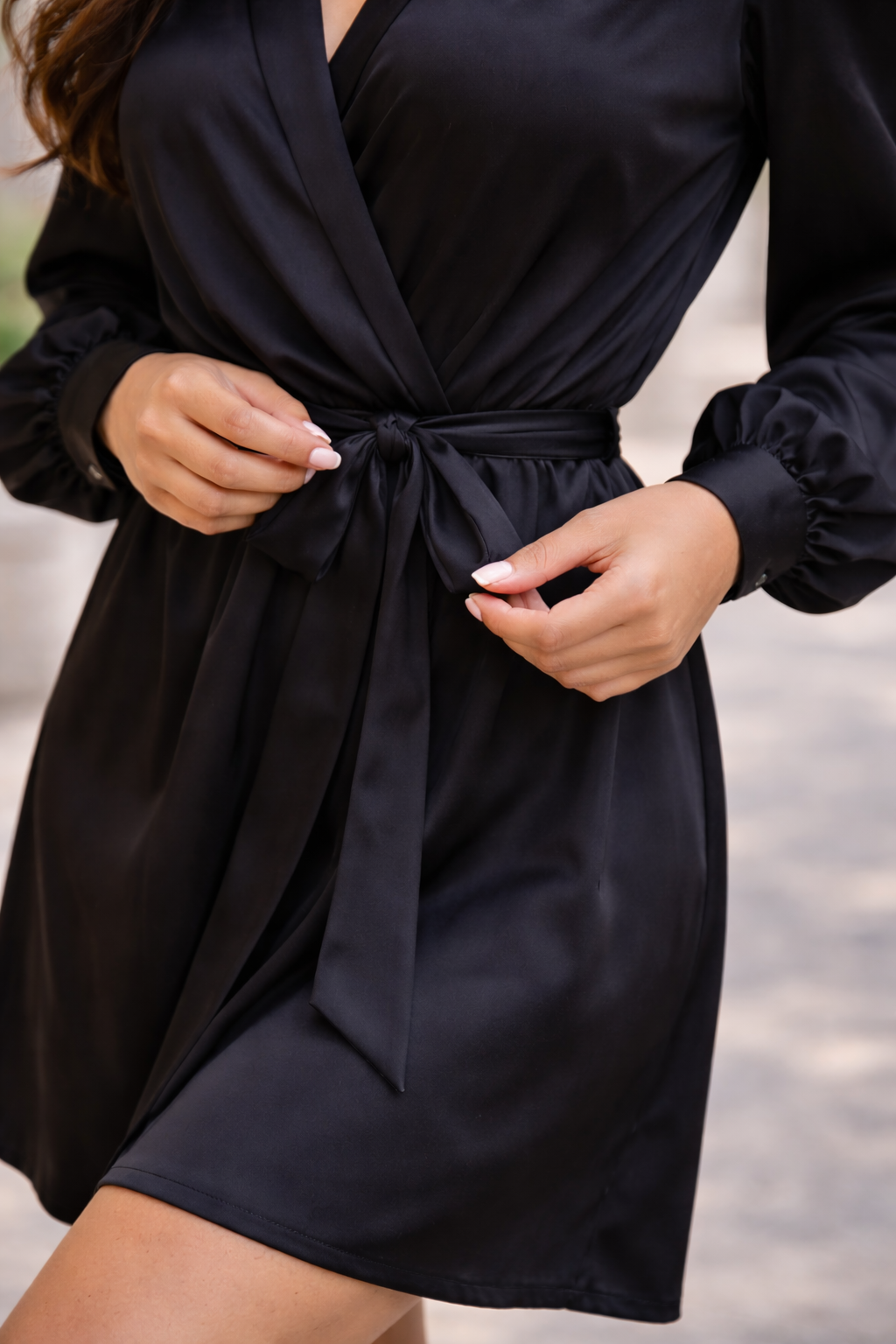 Elegant Black Wrap Mini Dress for Women | Long Sleeve V-Neck Chic Evening Dress