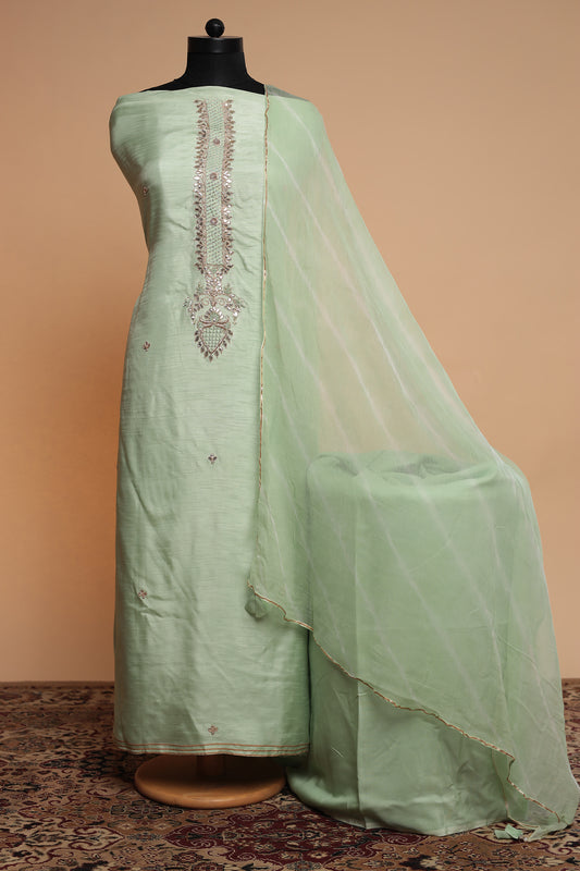 Pista Green Chanderi Silk Unstitched Suit Set with Heavy Resham Embroidery & Dupatta