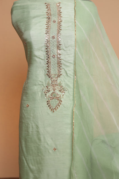Pista Green Chanderi Silk Unstitched Suit Set with Heavy Resham Embroidery & Dupatta