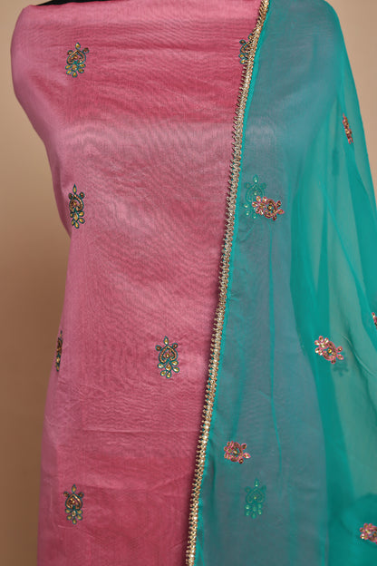 Pink Chanderi Silk Unstitched Suit Set, Embroidered Salwar Kameez Material