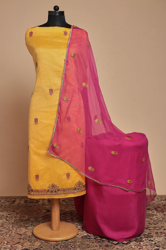 Yellow Raw Silk Unstitched Suit Set | Pink Dupatta Dress Material