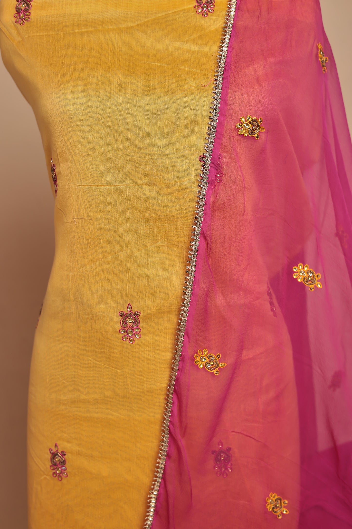 Yellow Raw Silk Unstitched Suit Set | Pink Dupatta Dress Material