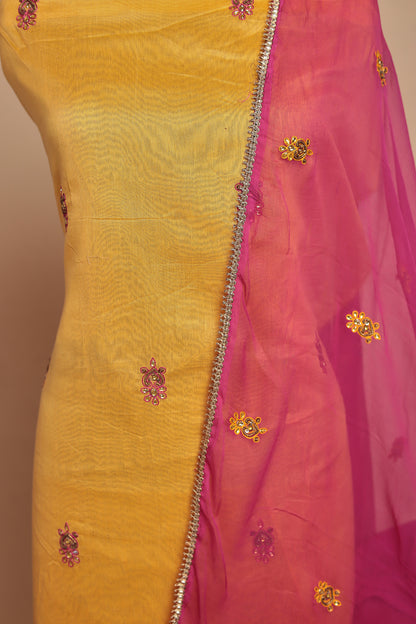 Yellow Raw Silk Unstitched Suit Set | Pink Dupatta Dress Material