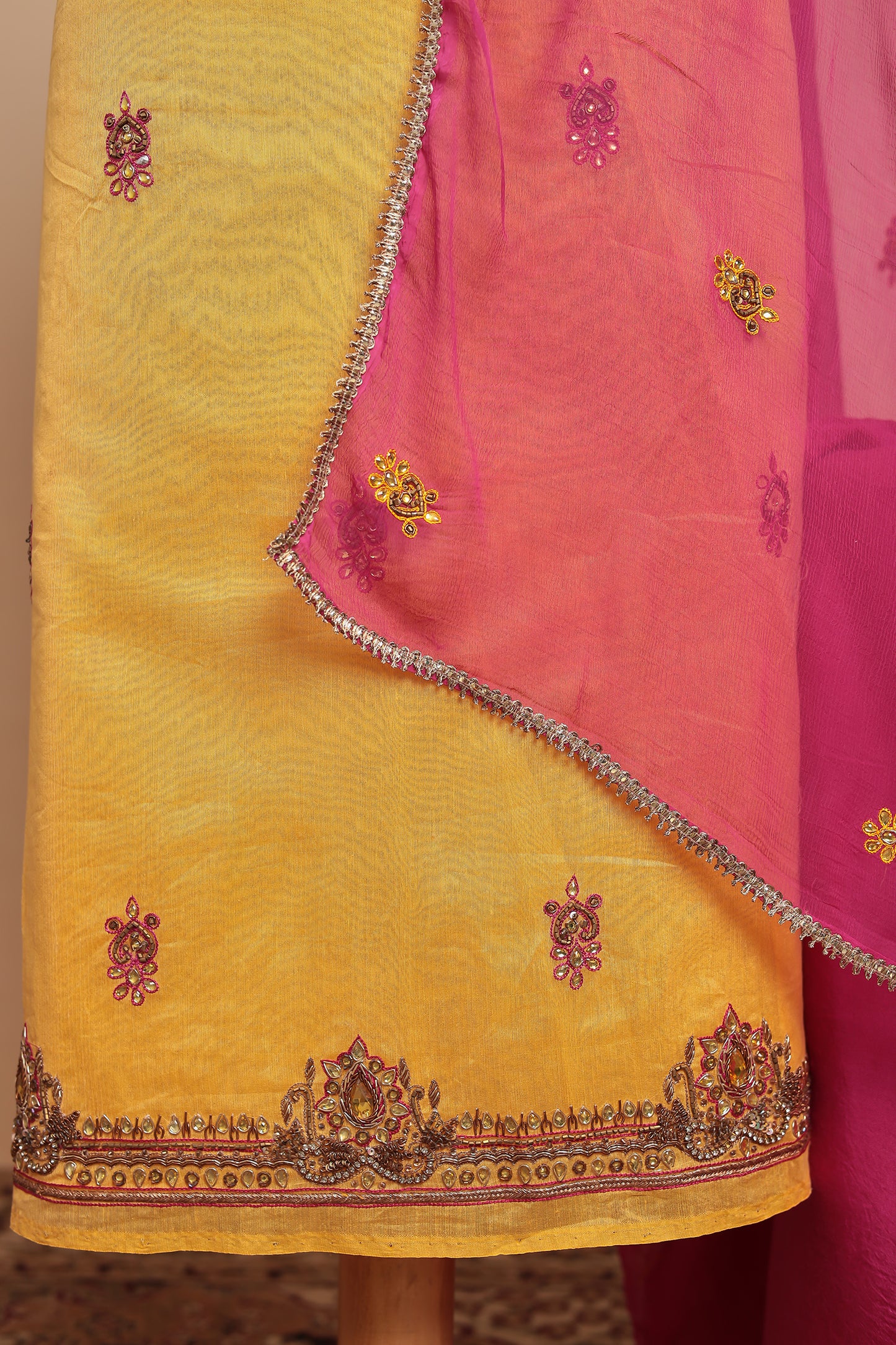 Yellow Raw Silk Unstitched Suit Set | Pink Dupatta Dress Material