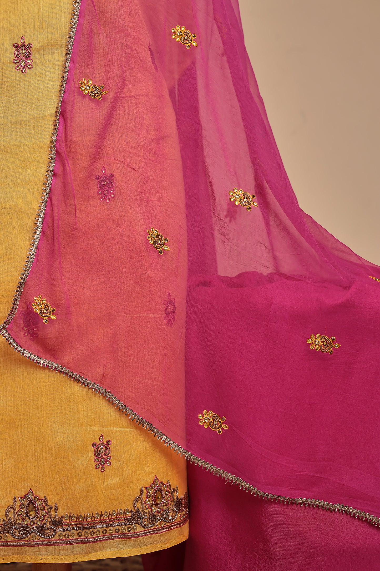 Yellow Raw Silk Unstitched Suit Set | Pink Dupatta Dress Material