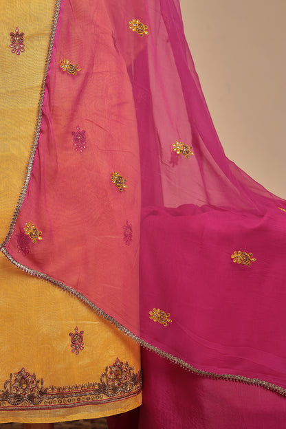 Yellow Raw Silk Unstitched Suit Set | Pink Dupatta Dress Material