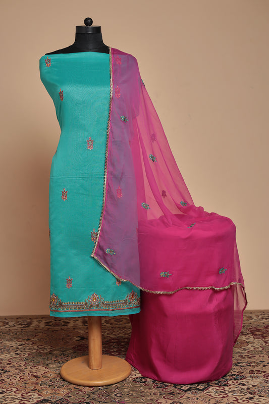 Turquoise Pink Embroidered Unstitched Suit Set, Chanderi Silk Salwar Kameez