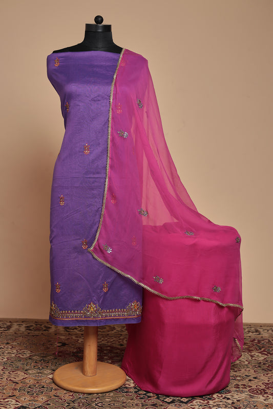 Regal Purple Unstitched Suit Set with Intricate Thread and Sequin Embroidery - Festive Party Wear Dress Material