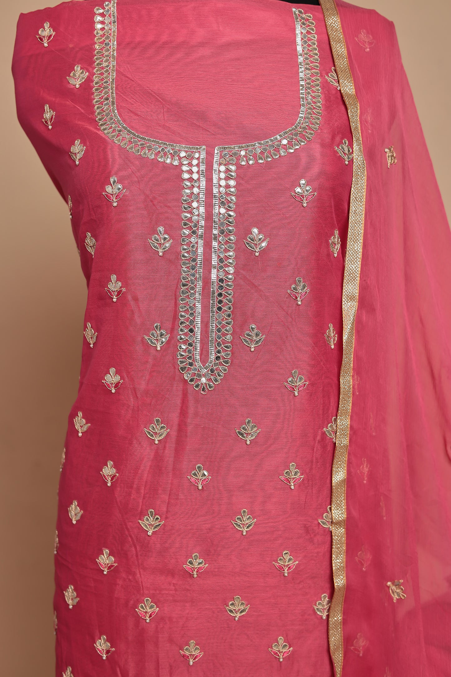 Vibrant Rani Pink Unstitched Suit Set with Gota Work & Dupatta | Luxurious Festive & Party Wear Salwar Kameez Material