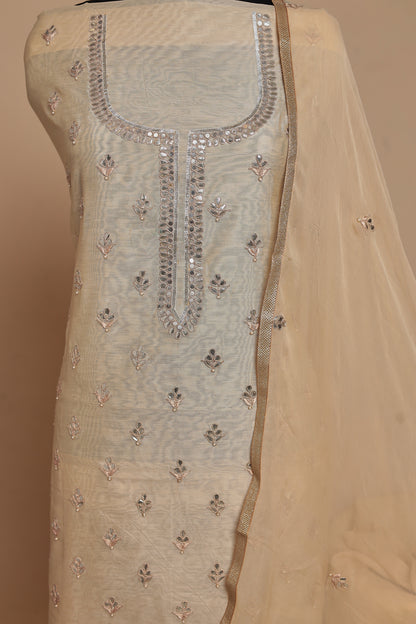 Elegant Ivory/Cream Unstitched Suit Set with Silver Gota Work & Dupatta | Luxurious Festive & Party Wear Salwar Kameez Material
