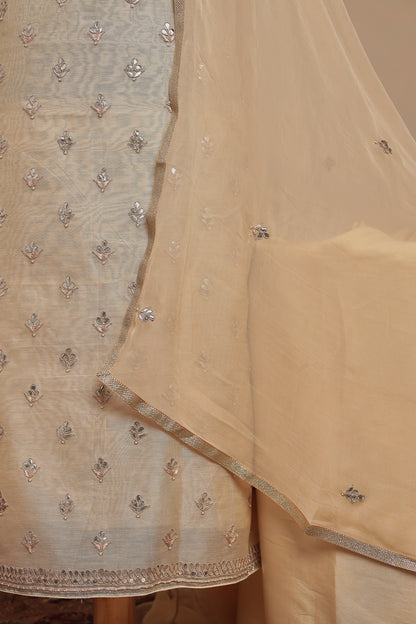 Elegant Ivory/Cream Unstitched Suit Set with Silver Gota Work & Dupatta | Luxurious Festive & Party Wear Salwar Kameez Material