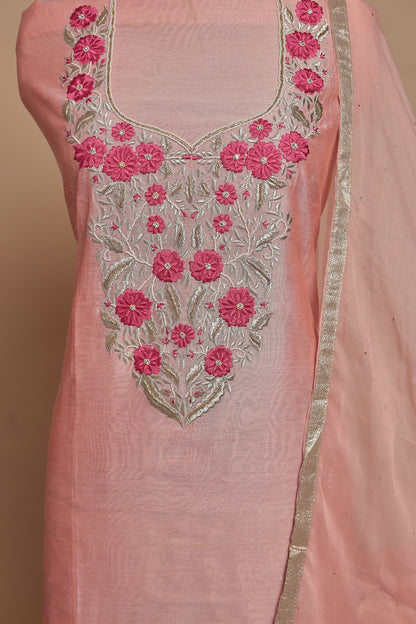 Rani Pink Silk Blend Embroidered Unstitched Suit Set | Festive Wear 3-Piece Dress Material