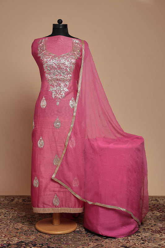 Pink Chanderi Silk Unstitched Suit Set, Zari Work Salwar Kameez