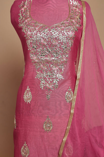 Pink Chanderi Silk Unstitched Suit Set, Zari Work Salwar Kameez