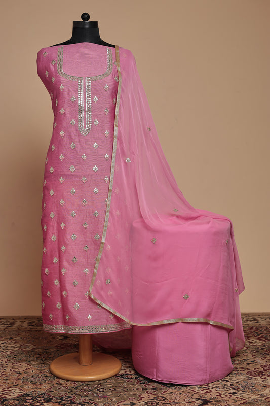 Vibrant Fuchsia Pink Unstitched Suit Set with Silver Mirror Work | Latest Designer Party Wear Salwar Kameez Dress Material