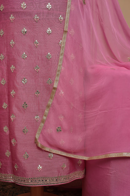 Vibrant Fuchsia Pink Unstitched Suit Set with Silver Mirror Work | Latest Designer Party Wear Salwar Kameez Dress Material