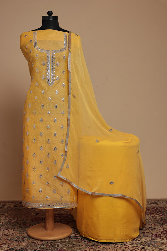 Vibrant Mustard Yellow Unstitched Suit Set with Silver Mirror Work | Trending Haldi & Mehendi Dress Material