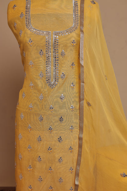 Vibrant Mustard Yellow Unstitched Suit Set with Silver Mirror Work | Trending Haldi & Mehendi Dress Material