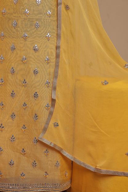 Vibrant Mustard Yellow Unstitched Suit Set with Silver Mirror Work | Trending Haldi & Mehendi Dress Material
